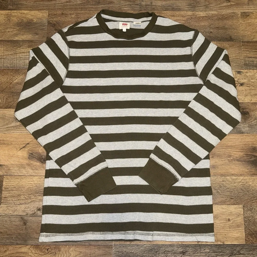 Levi's Thermal Shirt Men's Large Green Grey Striped Waffle Knit Crew Neck